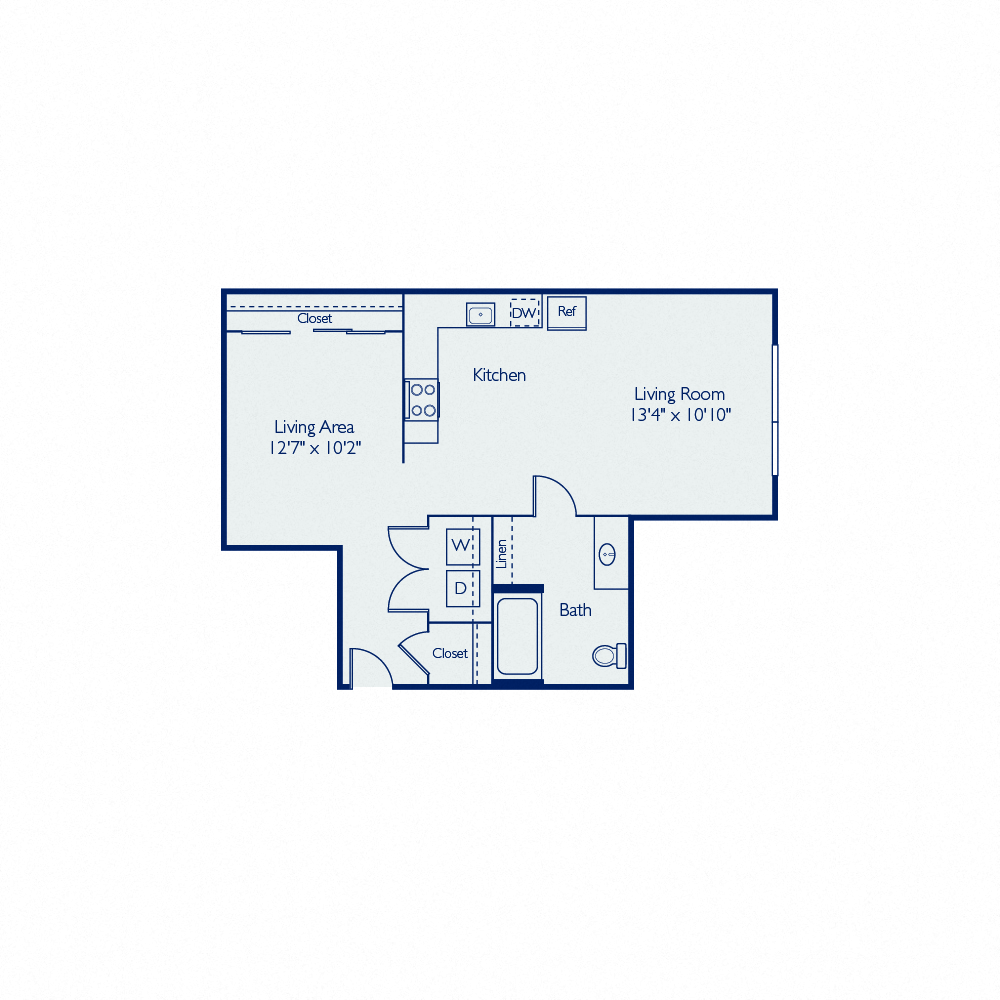 Floor plan for studio, 1 bath, 634 sqft